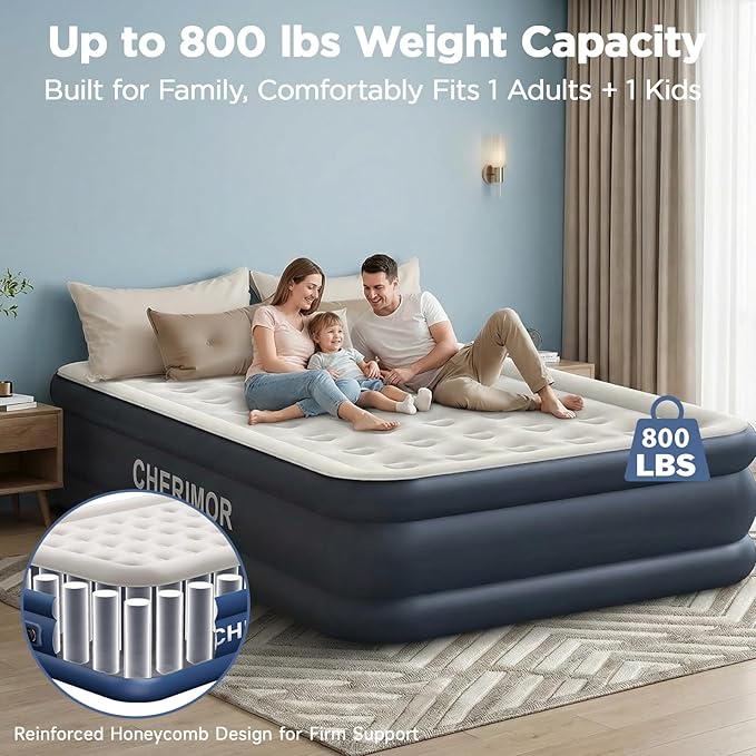 Queen Air Mattress with Built in Pump, 18" Elevated Height, 48Hr Leak-Tested, Honeycomb Coil Support, 800 lbs Capacity, Fast 3-Min Inflation–Blow Up Mattress for Guest Room & Sleepover