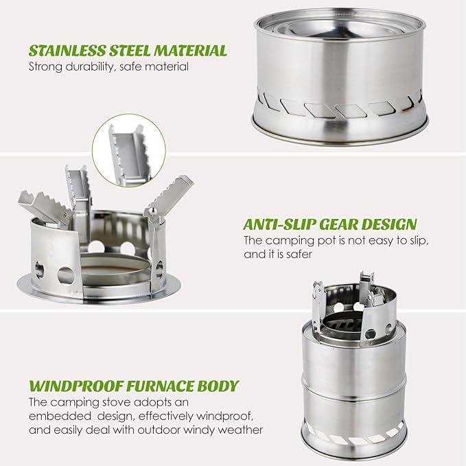 MEETSUN Portable Mini Wood Burning Stove with Grill,Camping Stove Lightweight,Foldable Stainless Steel Backpacking Camping Stove,Solid Alcohol Survival Stove for Camping Hiking Emergency Outdoor