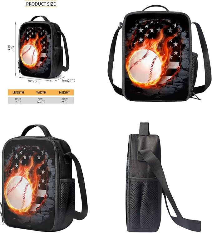 Rnyleeg Fire Baseball Backpack for Boys 6-8 Novelty Kids Bookbag Set with Lunch Bag Lightweight 3-Piece Book Bag Set for Elementary School Travel Backpack