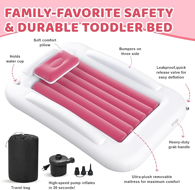 Inflatable Toddler Travel Bed - 60 Inches Portable Toddler Bed for Travel with Safety Sides - Cozy Kids Air Mattress Set with High-Speed Pump & Carry Case - Lightweight & Easy to Inflate(Pink)