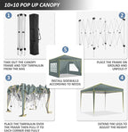 COBIZI 10x10 Pop up Canopy Tent Gazebos, Ez up Canopy 10x10 for Parties Beach Camping Party Event Shelter Sun Shade with 4 Sidewalls & Carry Bag 4 Stakes & Ropes & Sandbags, Grey