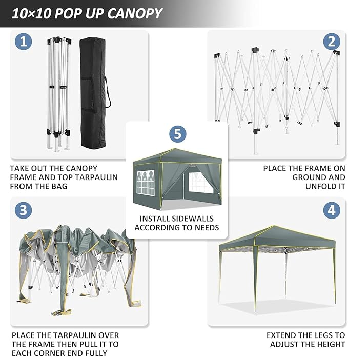 COBIZI 10x10 Pop up Canopy Tent Gazebos, Ez up Canopy 10x10 for Parties Beach Camping Party Event Shelter Sun Shade with 4 Sidewalls & Carry Bag 4 Stakes & Ropes & Sandbags, Grey