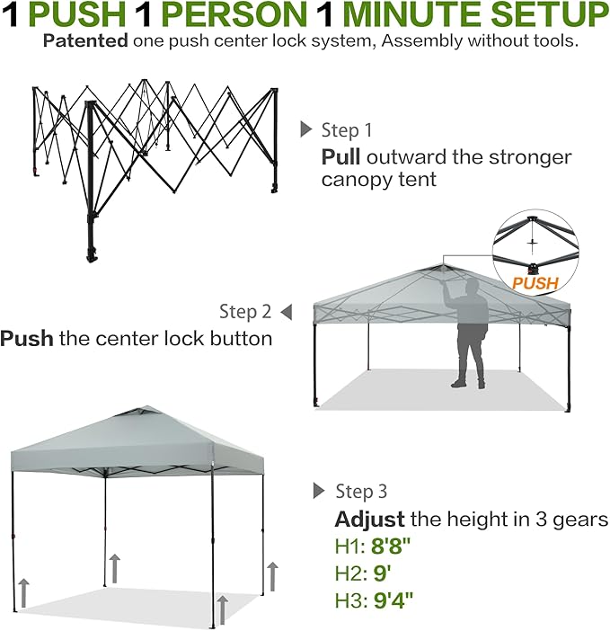 10'x10' Pop Up Canopy Tent with 1 Sidewall and 6 Pockets, One Push Setup, Instant Shade Tent with Vented Roof for Beach Patio Outdoor, Case, 8 Stakes, 4 Ropes, 4 Sandbags (Light Gray, 10x10)