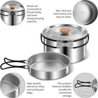 11Pcs Camping Cookware Set，Portable Camping Essentials with Accessories，Stainless Steel Lightweight Nonstick Pots、Pans、Bowls and Utensils for Backpacking RV Tailgating Cooking and Outdoor Cooking