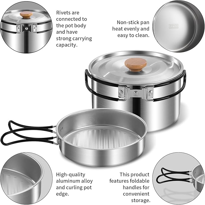 11Pcs Camping Cookware Set，Portable Camping Essentials with Accessories，Stainless Steel Lightweight Nonstick Pots、Pans、Bowls and Utensils for Backpacking RV Tailgating Cooking and Outdoor Cooking
