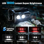 LED Rechargeable Mini Flashlights with Magnet 2PCS 1800L Headlamp Rechargeable with White & Red Light, 5 Lighting Modes Angle Adjustable Motion Sensor for Outdoor, Camping, Hiking, Working