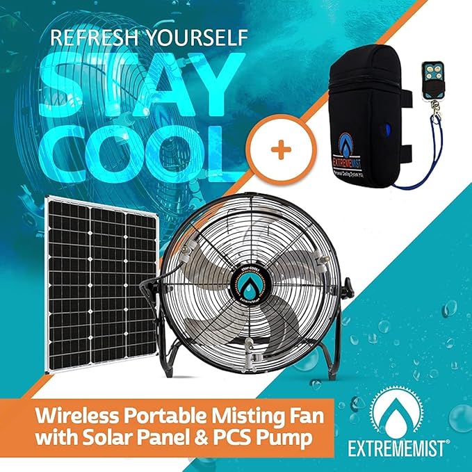 EXTREMEMIST 14” Solar Powered Misting Fan Pro – 4 Mister Nozzles, 30W Solar Panel | Detachable Pump with 16ft. Misting Line | Perfect for Outdoors, Camping, Tailgating - Cools air up to 30°F (17C)
