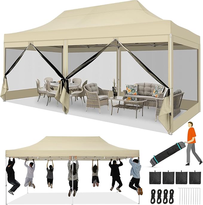COBIZI 10x20 Heavy Duty Pop Up Canopy with 6 Sidewalls, Commercial Gazebo Party Tent with Mosquito Netting Wall Easy Set Up Outdoor Instant Screen Tent for Backyard, Patio, Garden, Khaki