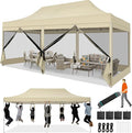 COBIZI 10x20 Heavy Duty Pop Up Canopy with 6 Sidewalls, Commercial Gazebo Party Tent with Mosquito Netting Wall Easy Set Up Outdoor Instant Screen Tent for Backyard, Patio, Garden, Khaki