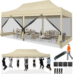 COBIZI 10x20 Heavy Duty Pop Up Canopy with 6 Sidewalls, Commercial Gazebo Party Tent with Mosquito Netting Wall Easy Set Up Outdoor Instant Screen Tent for Backyard, Patio, Garden, Khaki