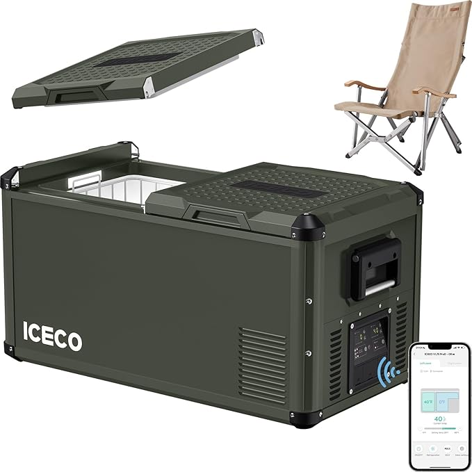ICECO VL75ProD 12Volt Refrigerator, Dual Zone Portable Fridge with SECOP, 0-50°F, Reversible&Removable Lid, Dual USB 12/24VDC&110-240VAC, Car Refrigerator For Car| With Camping Chair-Camel