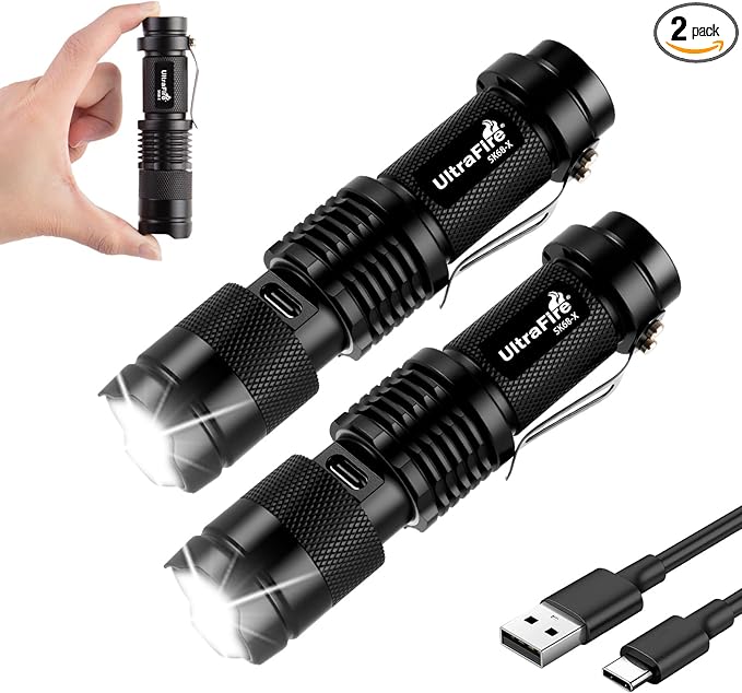 ULTRAFIRE SK68-X Mini Rechargeable Flashlight, Zoomable Tactical EDC Pocket Flashlight, Compact LED Flashlights with Type-C Charging, IPX4 Water for Camping, Emergency, Holiday Gifts (2 Pack)