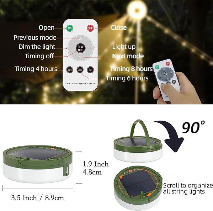 Solar Camping String Lights, 39Ft 120LED Stowable String Lights with 8 Lighting Modes, USB Rechargeable, IP64 Waterproof Solar String Lights for Outdoor, Indoor, Home, RV, Garden, Patio, Warm White