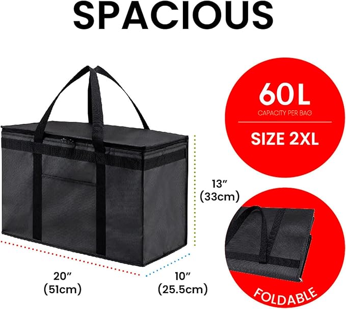 NZ home Insulated Bags for Food Delivery (2XL) Grocery Shopping Cooler Bag, Pizza Delivery, Hot & Cold Catering Tote, Reusable, Foldable & Heavy Duty (Gray)