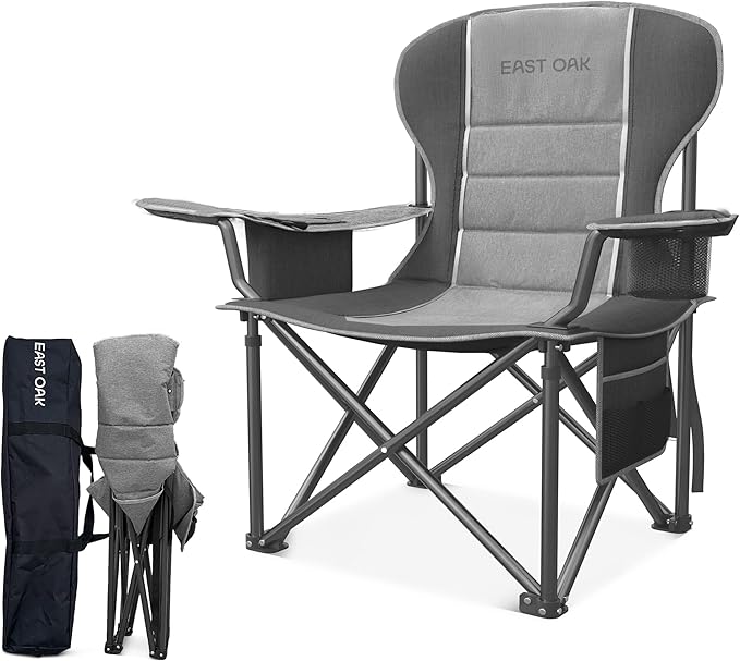 East Oak Oversized Camping Chair | 500LBS Support, 600D Oxford, Cup Holder & Side Pocket | Heavy Duty Camping Chairs | Ideal for Camping, Beach, Sports Events, Backyard & Tailgating | Gray