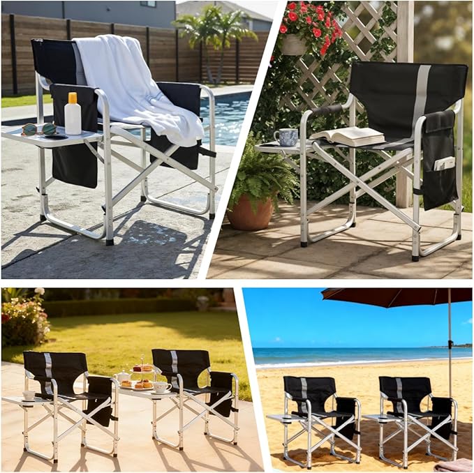 400LBS Heavy Duty Camping Director Chair - Lightweight Aluminum Frame with Foldable Side Table, 600D Oxford Seat & 3 Storage Pockets, Portable for Camping,Sports,Indoor/Outdoor Adults Use