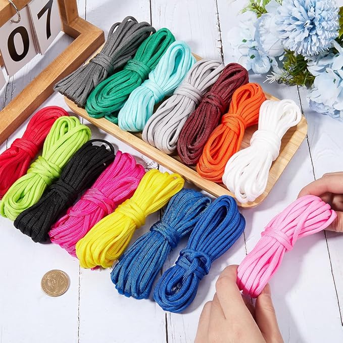 82 Yards/75M 15 Colors Parachute Rope 4mm Paracord Combo Pack Utility 7 Strand Core Nylon Outdoor Survival para Cord with Spool for Camping Fishing Tents Belts Bracelets Dog Collar Leashes