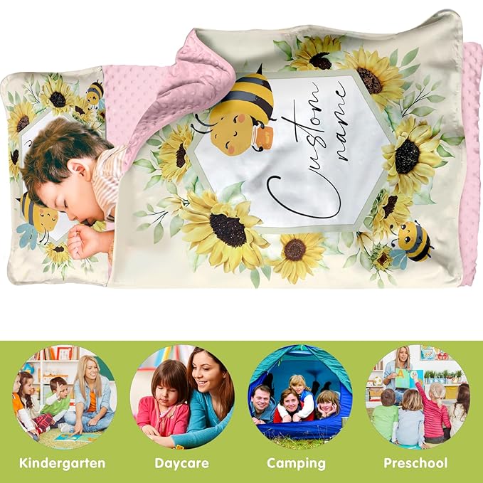 Custom Toddler Nap Mat for Preschool, Personalized Name Kids Sleeping Bag with Yellow Bee Pattern for Daycare, Roll Up Sleeping Mat with Removable Pillow and Soft Dot Minky Blanke for Girls Camping