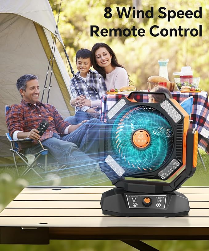 40000mAh Battery Operated Fan, Portable Camping Fan with 4 LED Lantern, 8 Speeds DeskFan with Remote, Portable Rechargeable Fans with Hook for Camping Tent, Power Outages