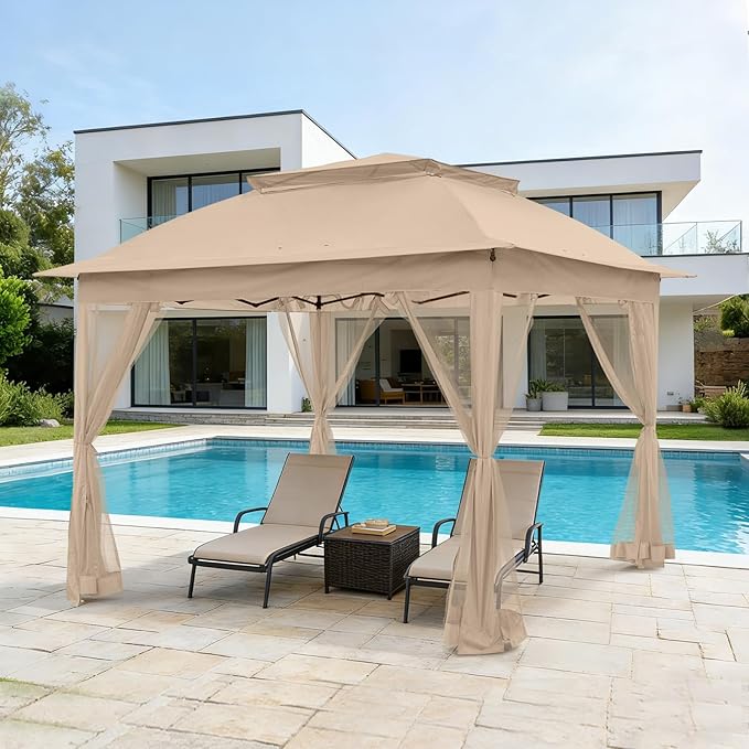 COOS BAY Pop up Gazebo 11x11, Instant Canopy Tent with Mesh Netting, Patio Gazebo with 121 Square Feet of Shade, 4 Weight Bags Included, Khaki
