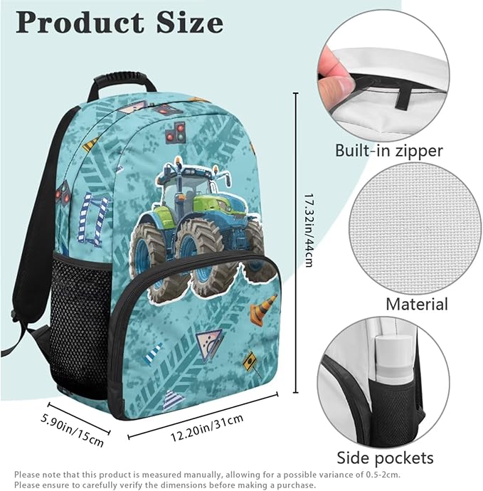 Tractor Backpack and Lunch Box Set Elementary School Backpack for Boys Cool Teen Daycare Schoolbag Rucksack Laptop Bags