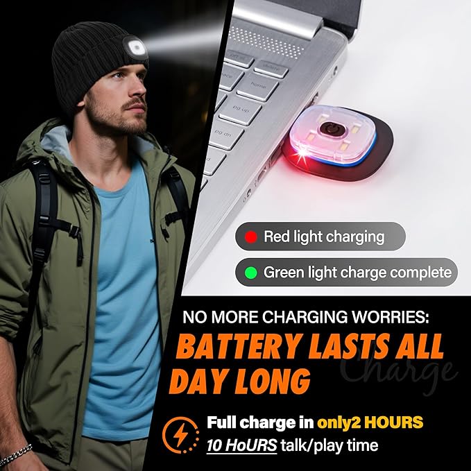 2 Pack Bluetooth Beanie Hat with Light for Men, Rechargeable LED Beanie with Light, Headlamp Cap Wireless Headphones, Christmas Gifts for Teens Stocking Stuffers for Men Dad（Black&Gray）