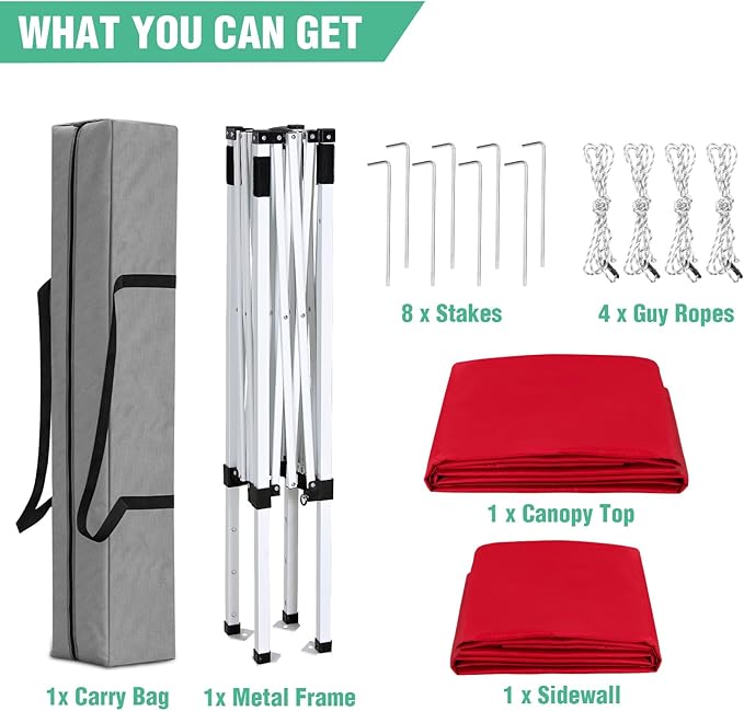 5x5 Pop Up Canopy Tent with One Sidewall, Instant Portable Beach Canopy, Outdoor Tent with Carry Bag for Camping, Sports, Tailgating, Events, Red