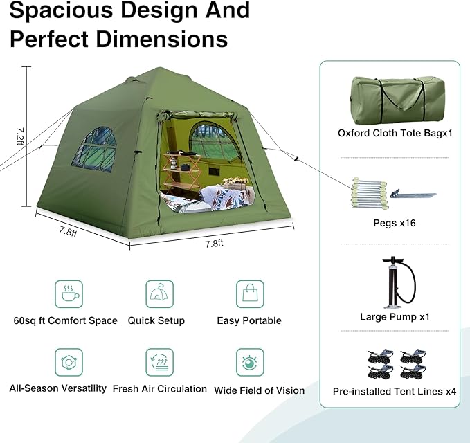 2025 Upgraded Waterproof Inflatable Camping Tent, Large Blow-Up Air Tent, No Assembly Needed Luxury Glamping House, Oxford Fabric