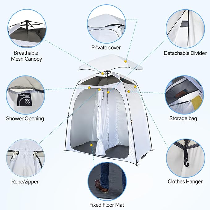 EighteenTek® Shower Tent Camping, 2-Room Portable Changing Room, Outdoor Shower Enclosure, Pop Up Privacy Tent Shelter with Floor & Doors, Waterproof & Lightweight, Camping Toilet Bathroom