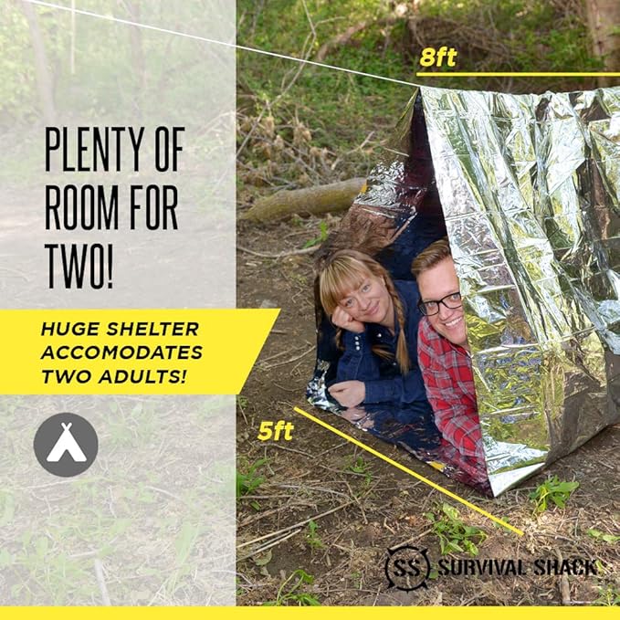 SharpSurvival Shack Emergency Survival Shelter Tent - 2 Person Mylar Tube Tent - Lightweight 8' x 5' All Weather Waterproof Shelter Conserves Heat - Reflective Tents for Camping/Hiking and More