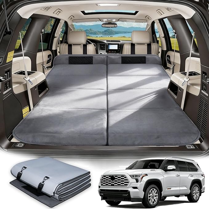 Car Bed for Toyota Sequoia, Foldable Non-Inflatable Memory Foam Camping Mattress, Thickened Portable SUV Trunk Sleeping Pad, Air Mattress Upgrade for Camping & Travel Essentials, With Storage Bag