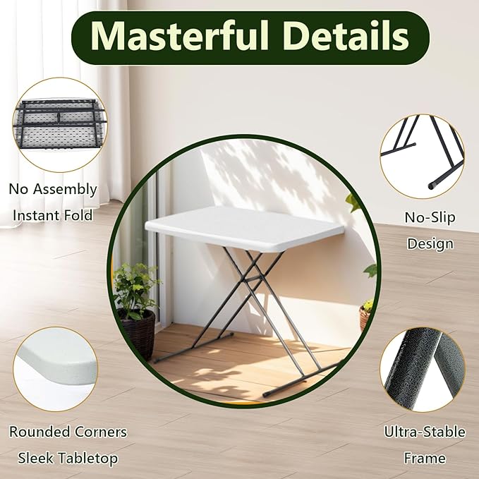 Folding Table 30 Inch - Small Desk Adjustable Height TV Tray for Laptop, Couch, Camping - Heavy Duty Utility Foldable Table for Small Spaces, No Assembly Required, White Granite