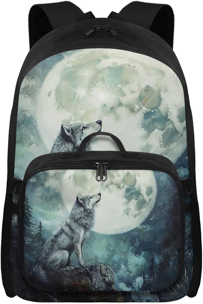 Wolf Backpack with Lunch Box for Men Large Capacity Bookbag for Teen Boys 17 Inches Polyester Book Bag with Adjustable Shoulder Strap for Outdoor