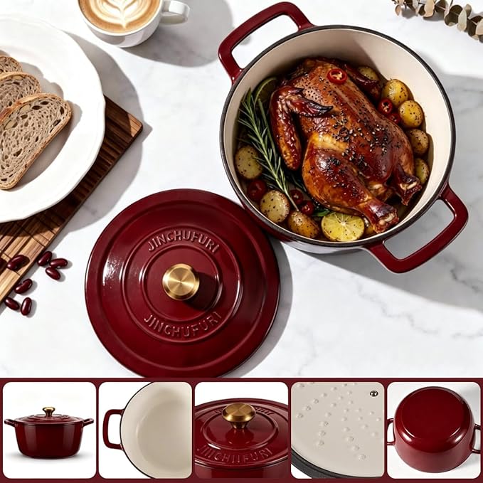 Enameled Cast Iron Dutch Oven with Lid – 5QT Heavy-Duty Pot, Oven Safe up to 500°F, Dual Handles, Ideal for Sourdough Bread Baking, Stews, Roasting, Braising – All Cooktops, Durable & Versatile Cookware (Red)