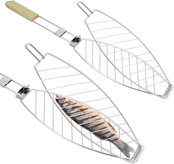 QWORK 2-Pack Stainless Steel Fish Grill Basket – Portable Locking Grill Rack for Small-Medium Fish, Camping & Home BBQ
