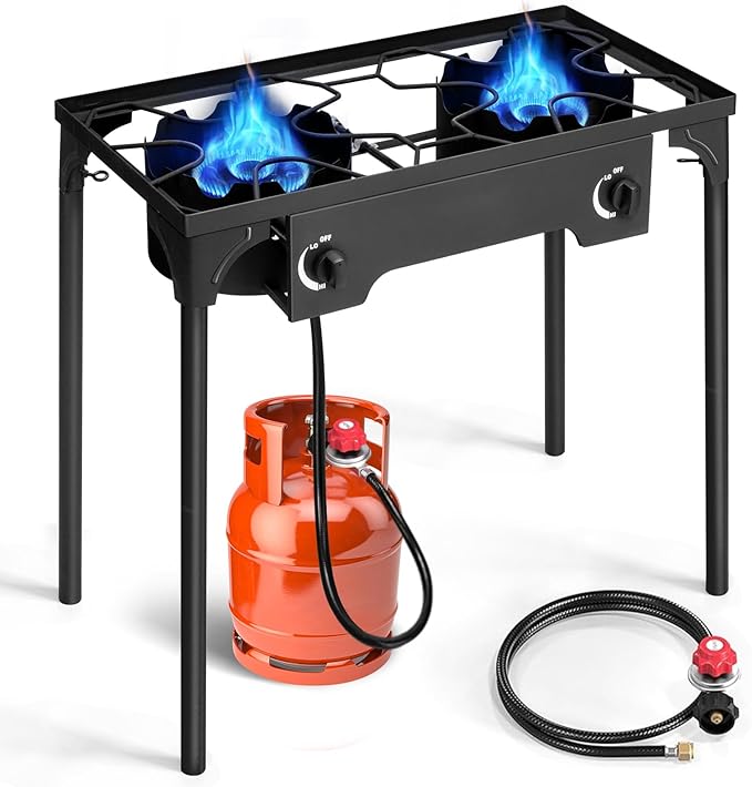 Outvita 2 Burner Propane Gas Stove for Outdoor Cooking, 150,000 BTU Camping Cooker with Removable Legs, Temperature Control Knobs for Backyard Cooking, BBQ, Baking and Frying