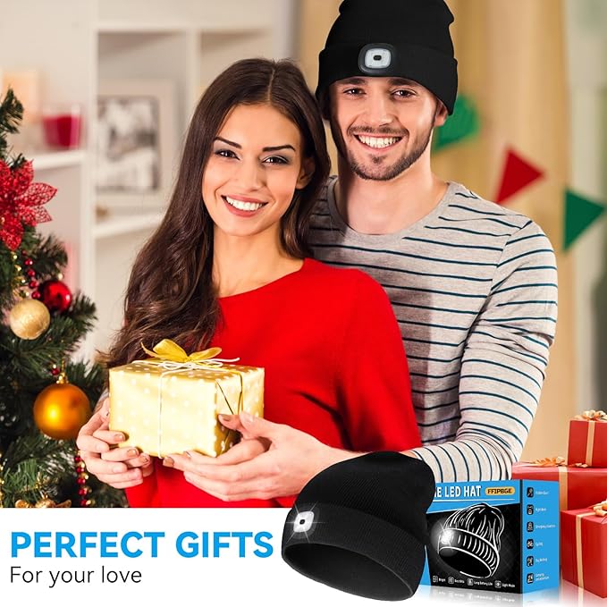Valentines Day Gifts for Him, Beanie Hats with Light, USB Rechargeable LED Hand Free Headlamp, Birthday Gifts for Men, Women, and Teens, Ideal for Camping, Hiking, Black