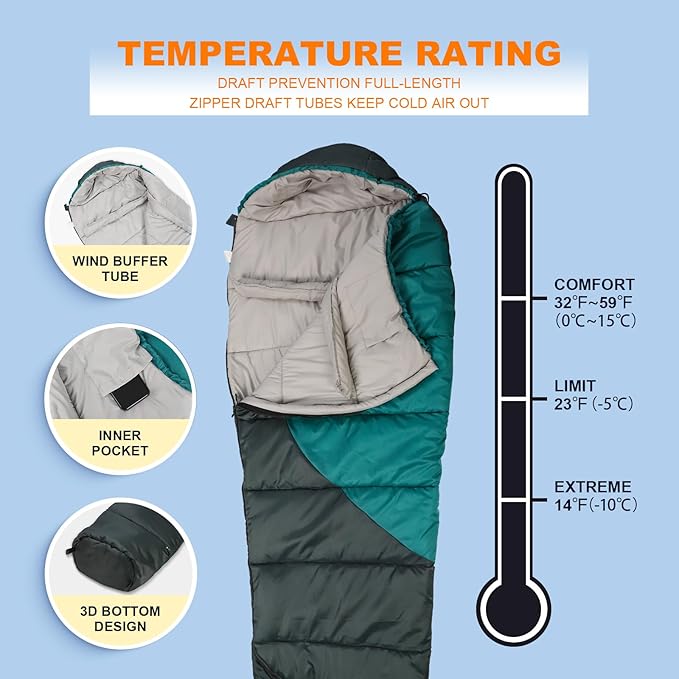 Northroad Mummy Sleeping Bag 14-59 ℉, 3-4 Season Warm & Cool Weather, Summer Spring Fall Lightweight Washable Sleeping Bag for Outdoor Camping Hiking Travel Hunting