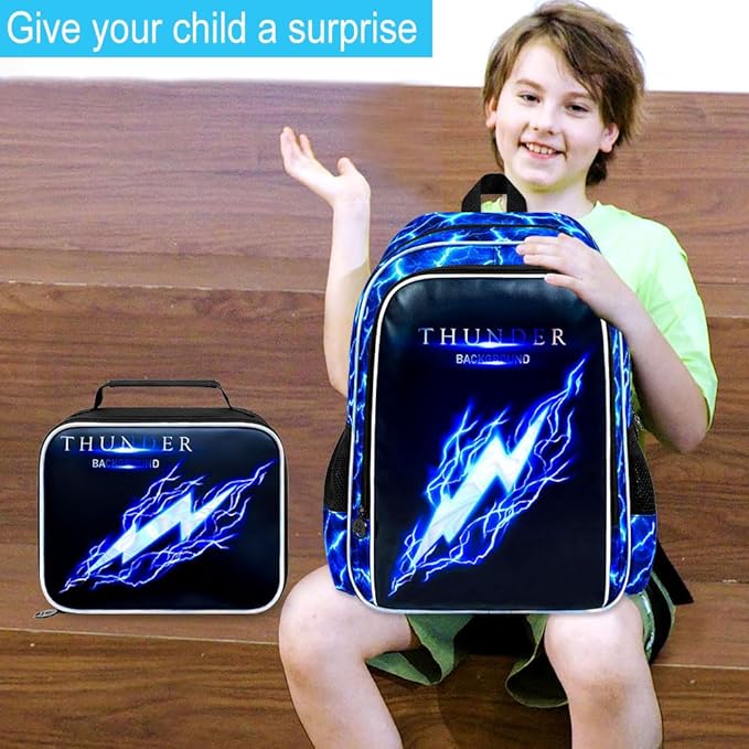 17" Backpack for Boy, 3Pcs Lightning Bookbag for Elementary Preschool Kindergarten, Kids School Backpacks with Lunch Box (Blue)