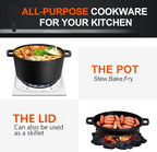Overmont 2-in-1 Cast Iron Dutch Oven - 5QT Pre-Seasoned All-in-One Casserole Braising Pan with Skillet Lid Cookbook & Silicone Handle Covers - Heavy Duty Oven-Safe Pot for Bread Baking Frying Camping