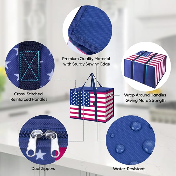 BALEINE 2PK Insulated Reusable Grocery Bags, Collapsible Cooler Bag for Groceries, Heavy Duty Large Insulated Bag (16''x9''x13'', Patroit Celebration)
