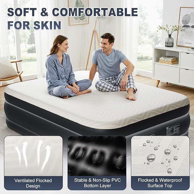 Outvita 18in Queen Air Mattress with Built-in Pump, Foam Topper Inflatable Air Bed Quick Assembly Comfort Luxury Blow Up Sleeping Mat for Guests and Home, Camping, Travel, 650lbs Weight Capacity
