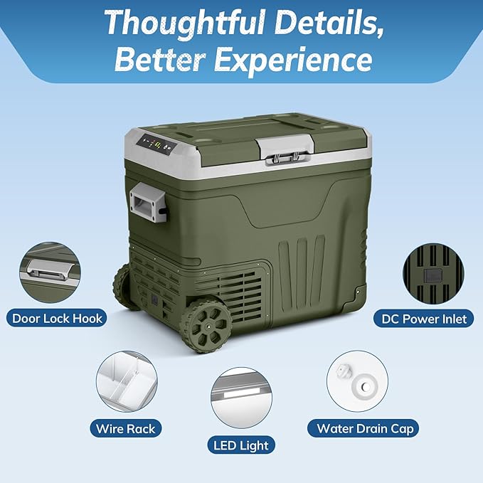 Antarctic Star 12 Volt Refrigerator,53QT(50L)Electric Cooler Compressor, Portable Refrigerator -4℉~68℉,Car Fridge 12/24V DC 100-240V AC,Portable Freezer with Wheels&2 Baskets for Camping,Travel,GREEN
