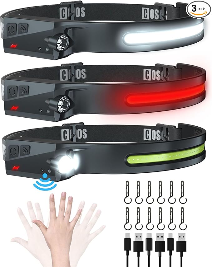 COSOOS Original Rechargeable Headlamps 3PCS, 1000 Lumen Bright LED Headlamp Flashlight, Red Light, 230° Wide Beam & Spot Light, Motion Sensor, 2.4oz Head Lamp with Clips for Hard Hat, Camping
