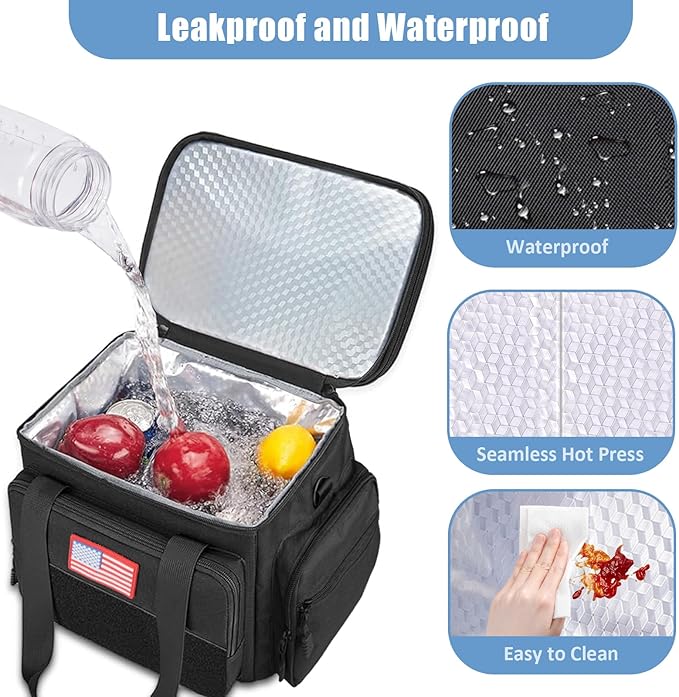 16 L Insulated Lunch Bag for Men Women, Double Deck Tactical Cooler Lunchbox with Leak Resistant Liner, Adjustable Shoulder Strap for Work, Picnic, Hiking, Camping, 12.01" x 8.07"11.47", Black