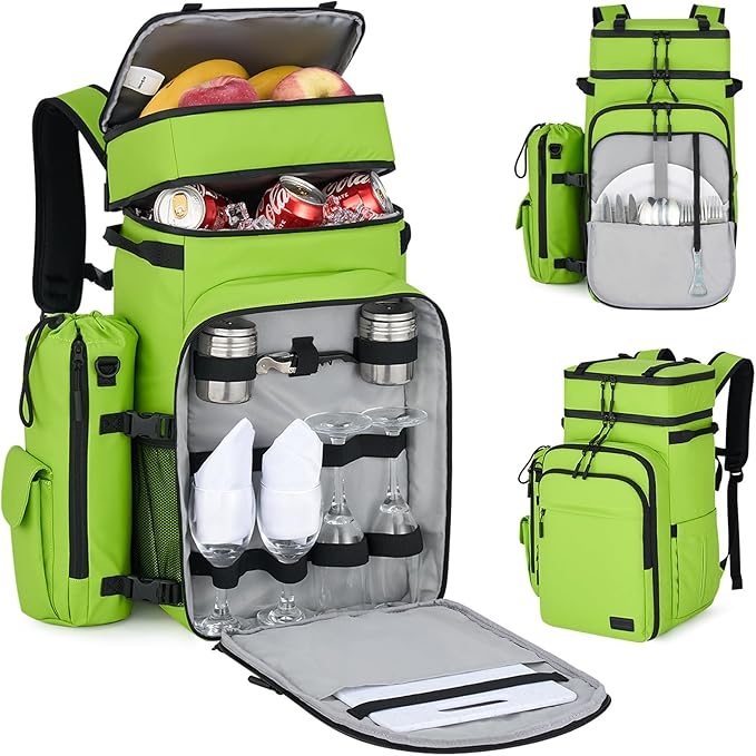 Hanke Backpack Cooler, 40 Cans Soft Leak Proof Picnic Backpack, Portable 2 Insulated Compartments Cooler Backpack Water Resistant for Lunch Beach Travel Camping Picnic Hiking,Green
