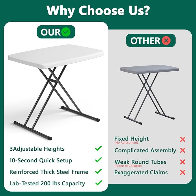 Folding Table 30 Inch - Small Desk Adjustable Height TV Tray for Laptop, Couch, Camping - Heavy Duty Utility Foldable Table for Small Spaces, No Assembly Required, Snowy Granite