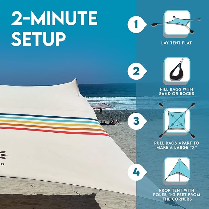 Neso Gigante Portable Beach Tent Sun Shelter - Lightweight Beach Shade Canopy - Easy Setup for Family Outings - Patented Reinforced Corners - UPF 50+ Sun Protection - 8ft Tall, 11 x 11ft - Rainbow