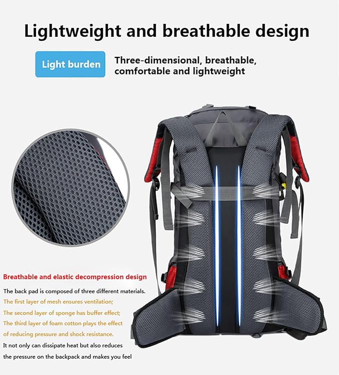 Bseash 60L Waterproof Hiking Camping Backpack with Rain Cover, Large Outdoor Sport Travel Daypack Rucksack for Climbing