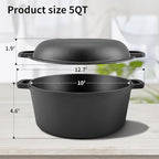 2-in-1 Pre-Seasoned Cast Iron Dutch Oven with Skillet Lid,Oven,Grill,Campfire&Stovetop Safe,Durable Black Cookware Sets with Dual Handles,Cast Iron Skillets for Sourdough Bread baking,Frying,Camping,BBQ,5QT
